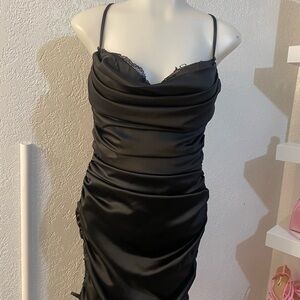 Oh Polly Black Satin Slip Dress